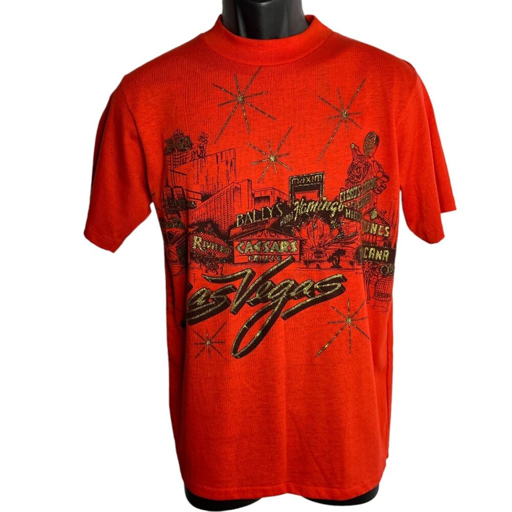Vintage Las Vegas Crewneck T Shirt L Red Glitter Single Stitch Short Sleeves